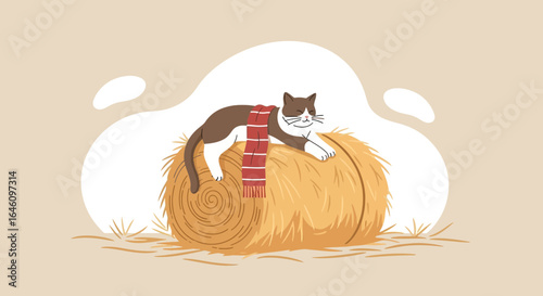 Cute cat illustration in a scarf sleeping on a haystack in a farm or barnyard setting