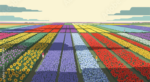 Colorful Fields: A picturesque landscape of vibrant flower rows and sky drawing