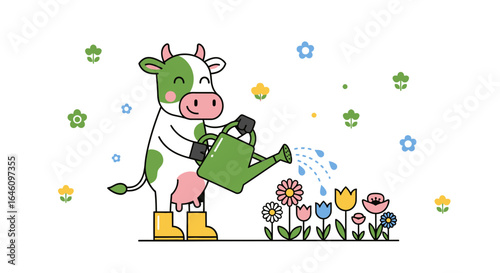 Cute cow watering flowers in garden illustration, depicting simple joy and nurturing nature, suitable for children books