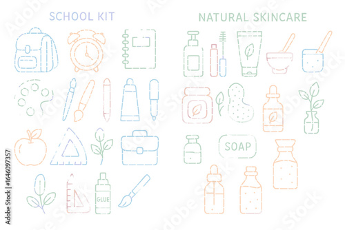 School supplies and natural skincare essentials outline illustration