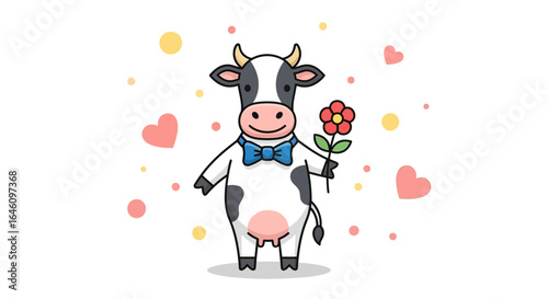 Cute Cow In Love Holding A Flower With Hearts And Dots Background