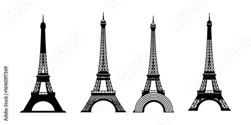 Eiffel Tower silhouette set, Paris landmark icons, black and white vector illustrations, famous French monument designs for travel, tourism,.ai