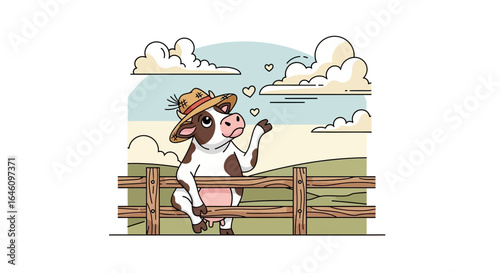 Cute cow with a hat dreaming on a fence in a whimsical farm landscape illustration