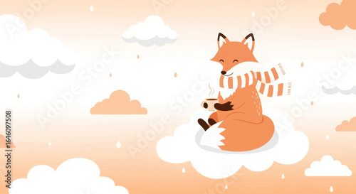 Cute fox with scarf enjoying hot drink on cloud illustration background pattern