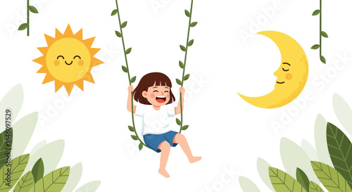 Cute Girl Swinging Underneath the Sunlight and Moonlight Cartoon Illustration