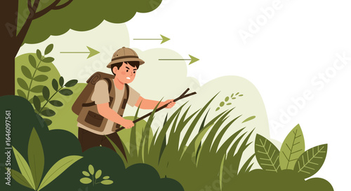 Determined young explorer navigating a dense jungle with a backpack and stick in hand
