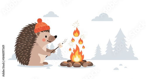 Cute hedgehog wearing hat roasting marshmallow at campfire in snowy winter scene
