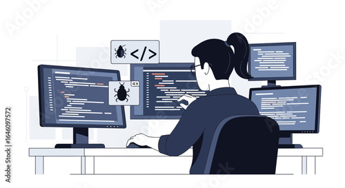Developer working on multiple screens debugging code vector illustration scene