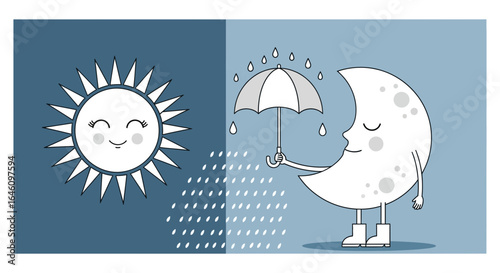 Cute illustration depicting the sun and moon in opposite weather conditions creating a balanced scene