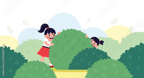Cute illustration of children playing hide and seek in the garden bushes and foliage
