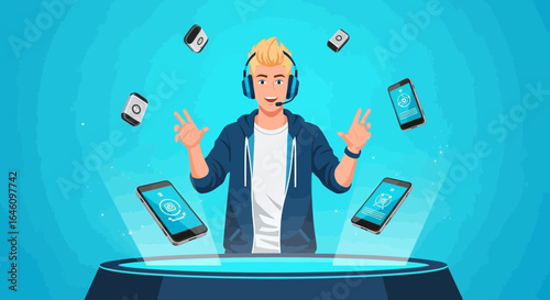 Digital lifestyle illustration of a man juggling mobile devices and wearable technology effortlessly showcasing connection and multitasking