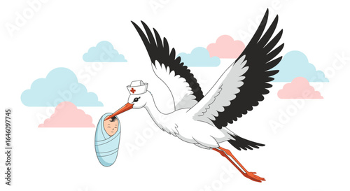 Cute illustration of a stork wearing a nurse hat carrying a newborn baby delivering happiness and joy to families around the world