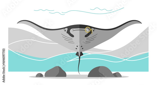 Distinguished Manta Ray Character With Monocle Near Beach And Abstract Water