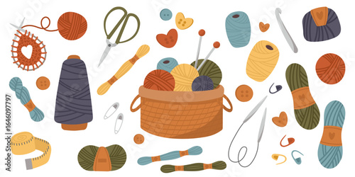 Knitting set. Yarn and threads, skein of wool, knitting needles, yarn basket, scissor. Needlework, tools for sewing and knitting collection. Flat vector illustration isolated