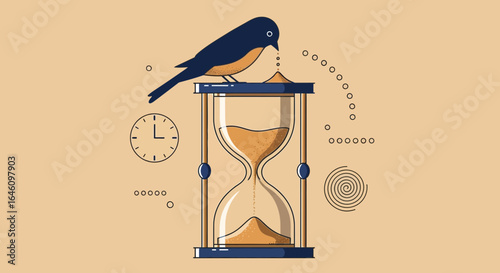 Conceptual illustration depicting the fleeting nature of time with bird and hourglass