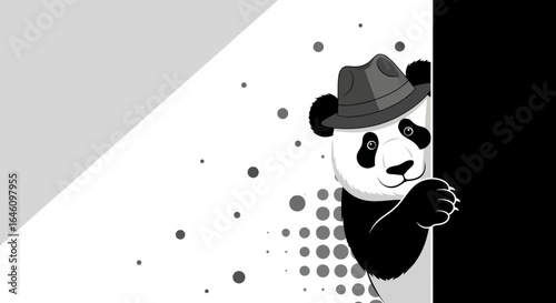 Cute panda illustration with a hat peering from behind a partition design background
