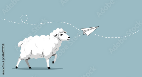 Conceptual Illustration of a Sheep Following a Paper Airplane on Blue Background