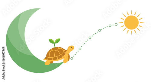 Conceptual illustration of a turtle journey from the moon to the sun for growth