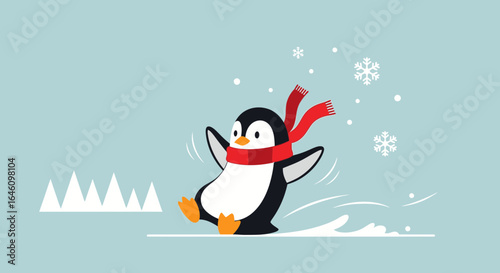 Cute penguin wearing a scarf sliding on ice with snowflakes falling, winter fun illustration