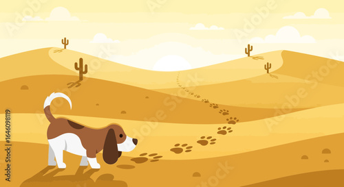 Dog's Desert Adventure Cartoon Depicting Exploration, Journey, and the Harsh Environment