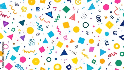 Abstract Memphis Design with Colorful Geometric Shapes on White Background