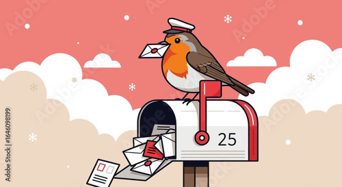 Cute robin bird with a postman hat delivering letters from mailbox illustration