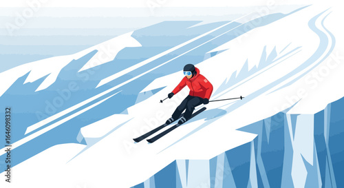 Downhill Skiing Adventure On Snowy Mountain Landscape In Winter Scenery