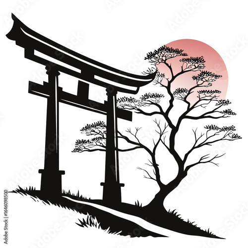 Torii gate with sunrise silhouette