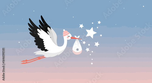 Cute stork carrying a baby in a bag flying through starry sky, illustration for baby shower card concept
