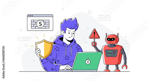Cybersecurity illustration depicting a programmer defending against a robot attack with a shield and firewall protection