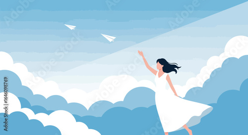 Dreaming Woman Reaching for Paper Airplanes Above the Fluffy Clouds