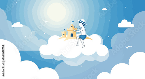 Dreamlike Beach Vacation Scene Young Boy Builds a Sandcastle in the Clouds