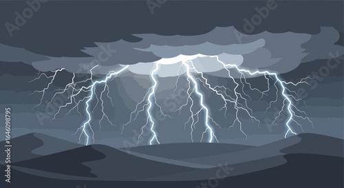 Dramatic lightning strikes across a desolate landscape painting an intense scene and a powerful natural phenomenon in a vector illustration
