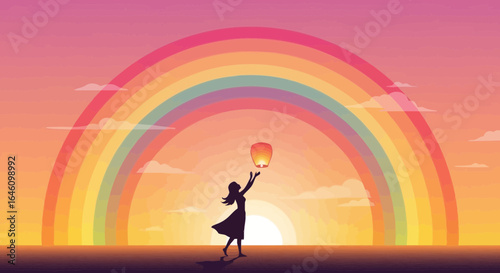 Dreamy escape: Silhouette of a girl releasing a lantern under a vibrant rainbow backdrop