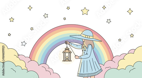 Dreamy Illustration of a Girl with a Lantern in a Rainbow and Star Filled Sky