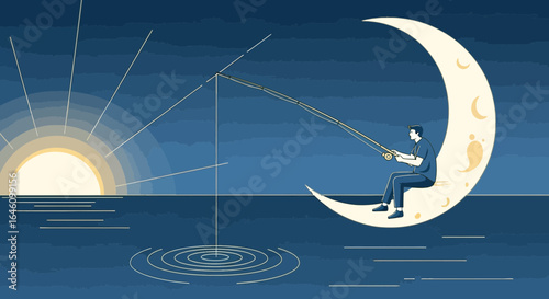 Dreamy illustration of a man fishing from the moon towards the sunlit ocean with a unique and fantastical concept
