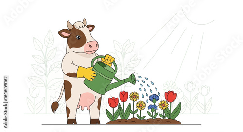 Cow Cartoon Watering Flowers In The Garden Under The Sunny Day