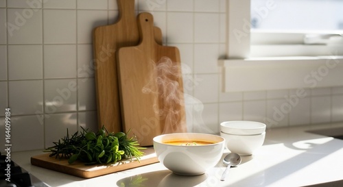 Sunlit Kitchen Still Life with a Steaming Bowl of Comforting Soup