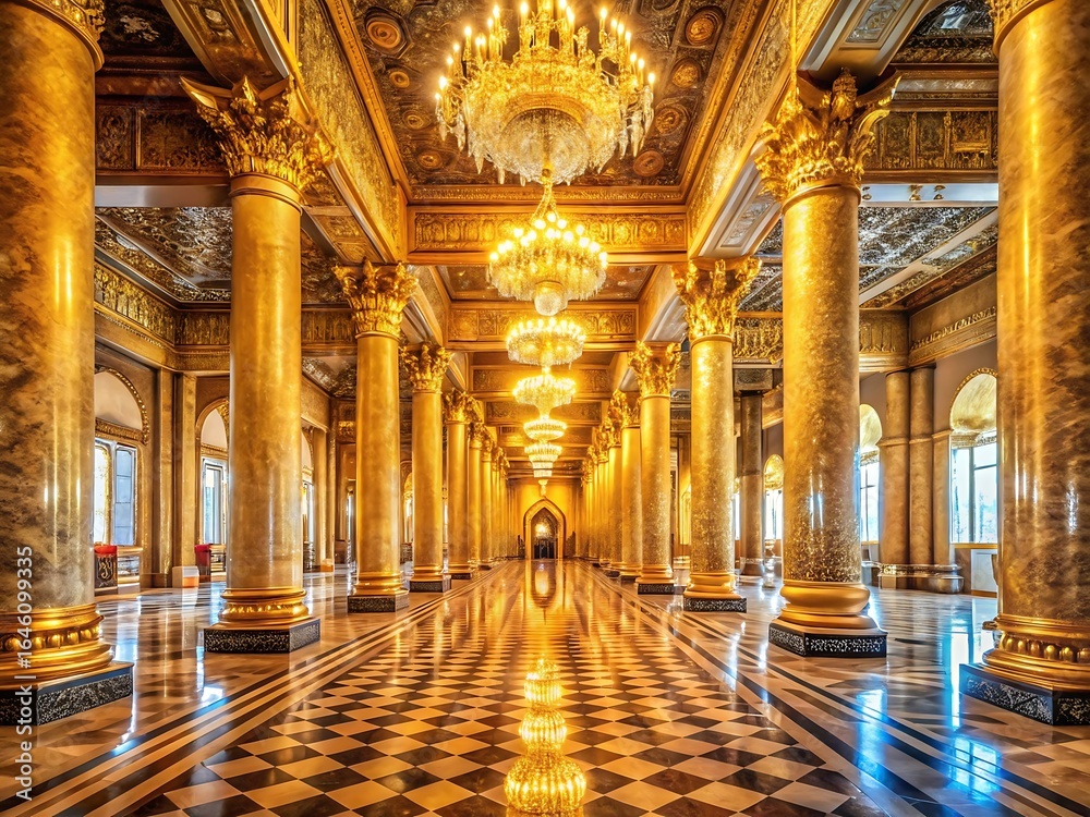 Fototapeta premium Opulent golden hall with ornate columns and chandeliers creates a luxurious and grand atmosphere