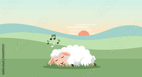 Dreamy Lullaby Sheep Taking a Peaceful Nap in Nature Cartoon Illustration