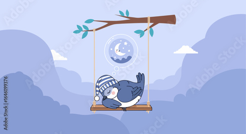Dreamy Nap Illustration of A Bird Enjoying A Peaceful Sleep On A Swing