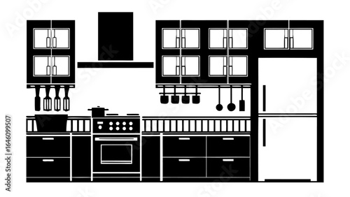 Illustration of a kitchen with cabinets, a stove, a refrigerator, and hanging utensils in black and white silhouette