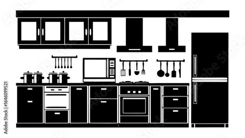 Detailed black and white kitchen interior with cabinets, appliances, and cooking utensils in a modern style silhouette