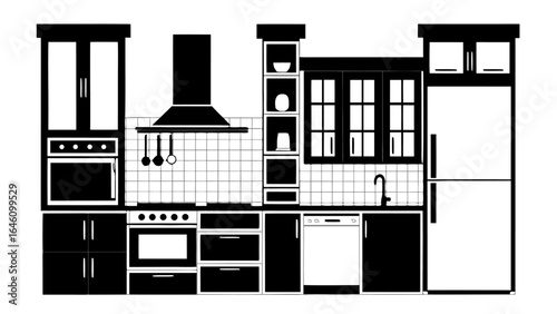 Illustration of a kitchen interior with cabinets oven refrigerator sink and other kitchen appliances items silhouette