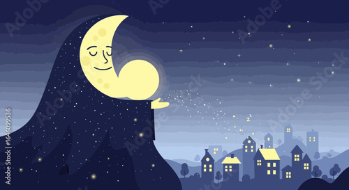 Dreamy night scene with moon showering stars over a peaceful town illustration
