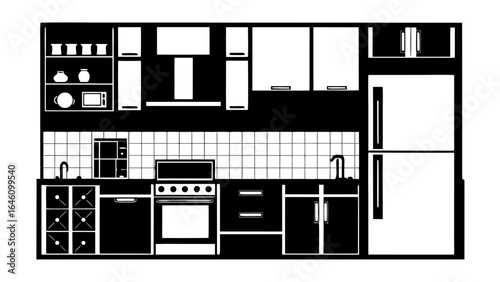 Overhead view of a kitchen with cabinets appliances and tiled backsplash in black and white minimalist style silhouette