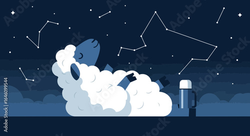 Dreamy night with sheep constellations and a thermos under the starry sky