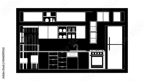 Detailed kitchen interior design featuring cabinets, sink, refrigerator, and various kitchen appliances silhouette