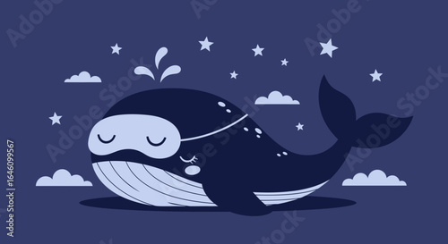 Dreamy nights with a sleepy whale illustration under the starry sky and clouds