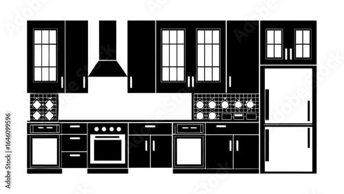 Illustration of a kitchen interior with cabinets, oven, stove, refrigerator, and ventilation hood design silhouette